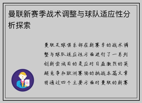 曼联新赛季战术调整与球队适应性分析探索