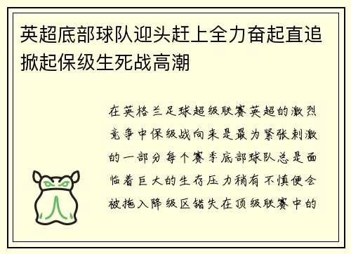 英超底部球队迎头赶上全力奋起直追掀起保级生死战高潮 英超底部球队迎头赶上全力奋起直追掀起保级生死战高潮