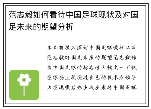 范志毅如何看待中国足球现状及对国足未来的期望分析