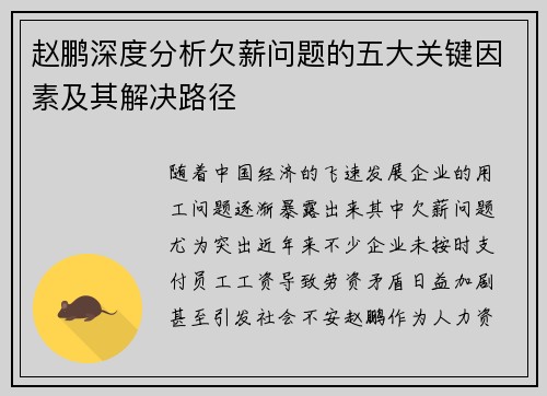 赵鹏深度分析欠薪问题的五大关键因素及其解决路径 赵鹏深度分析欠薪问题的五大关键因素及其解决路径
